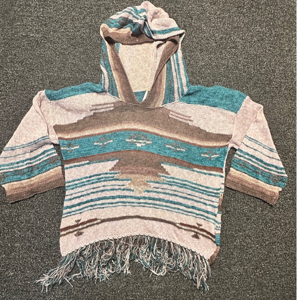 Free People Southwestern Fringe Hooded Knit Poncho Sweater Teal Brown Lavender M